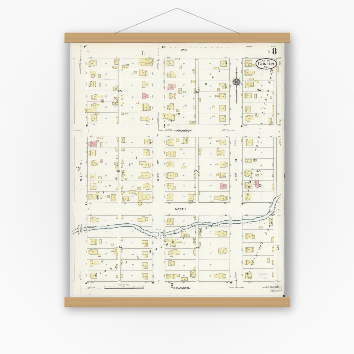Old map wall art mockup — magnetic wood frame on white wall — Sanborn Fire Insurance Map from Clinton, Vermillion County, Indiana (1910), Sheet #0008