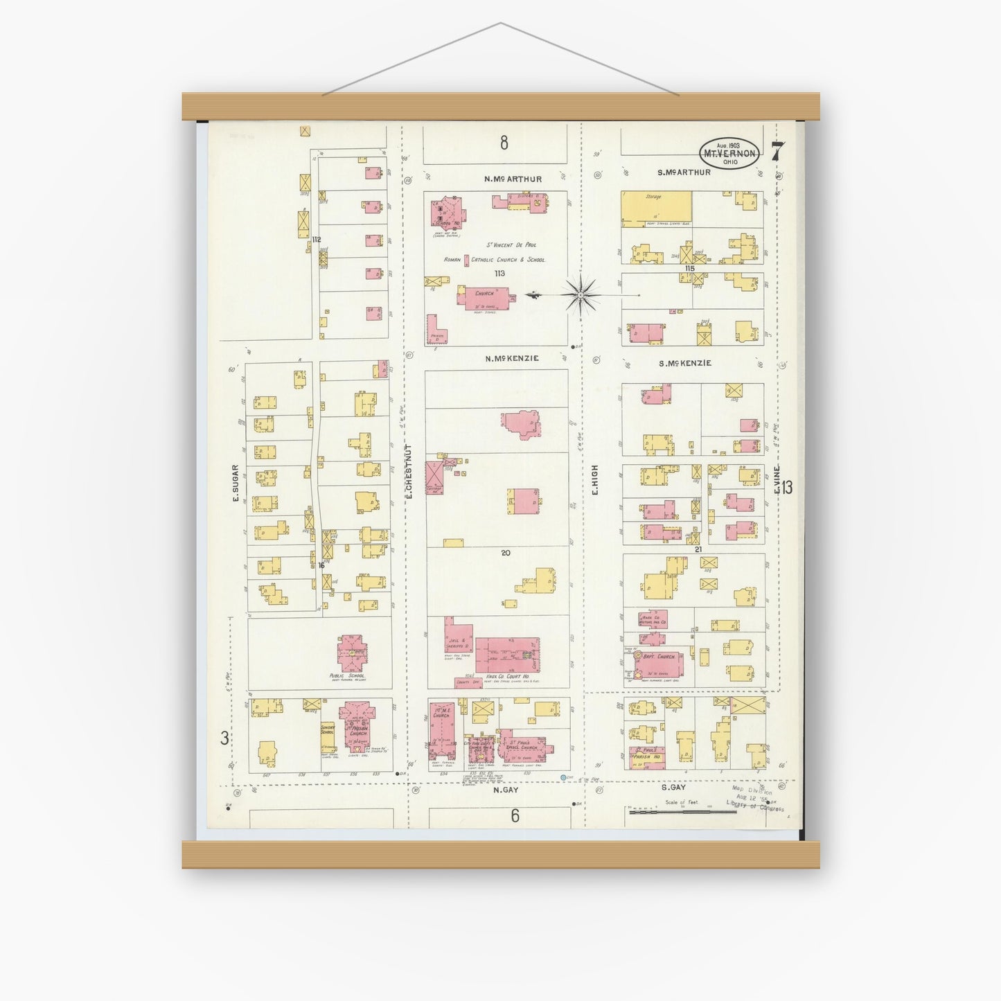 Old map wall art mockup — magnetic wood frame on white wall — Sanborn Fire Insurance Map from Mount Vernon, Knox County, Ohio (1903), Sheet #0007