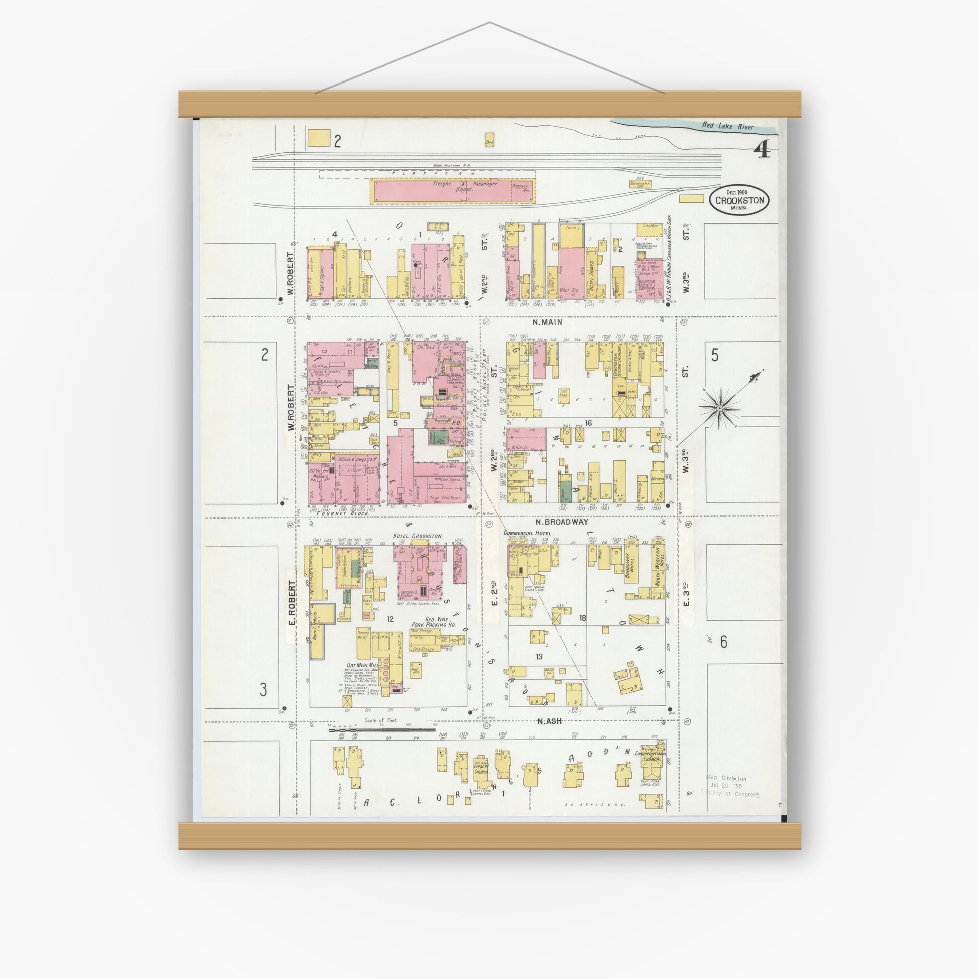 Old map wall art mockup — magnetic wood frame on white wall — Sanborn Fire Insurance Map from Crookston, Polk County, Minnesota (1900), Sheet #0004