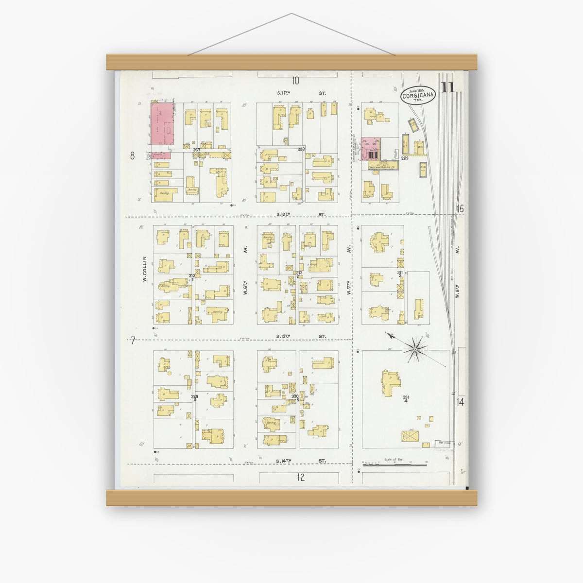 Old map wall art mockup — magnetic wood frame on white wall — Sanborn Fire Insurance Map from Corsicana, Navarro County, Texas (1905), Sheet #0011