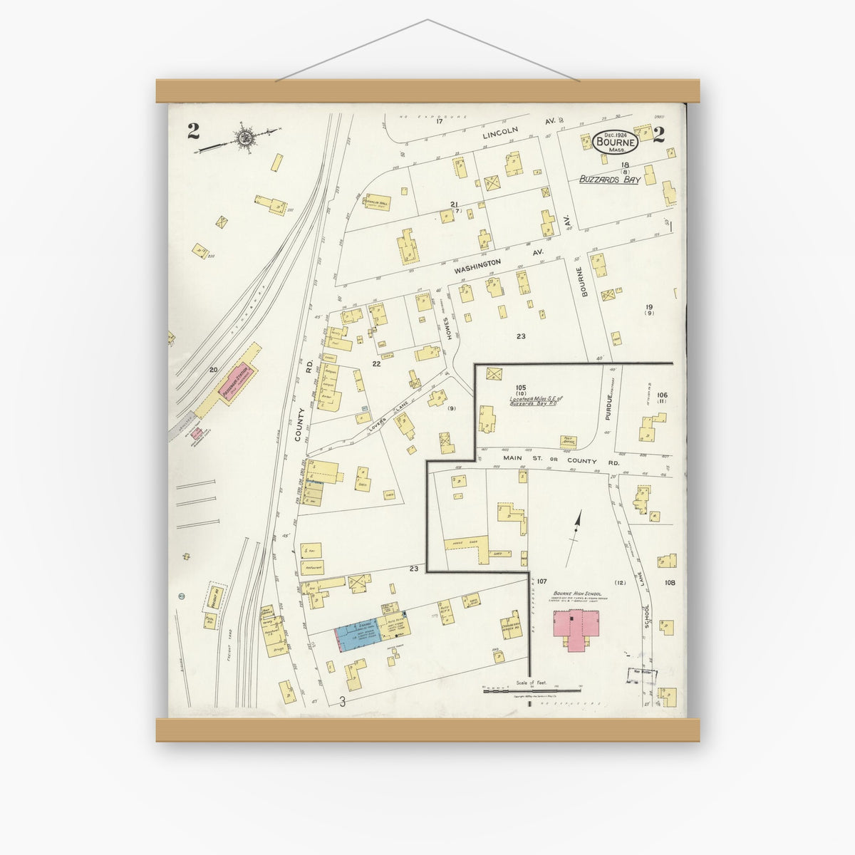 Old map wall art mockup — magnetic wood frame on white wall — Sanborn Fire Insurance Map from Bourne, Barnstable County, Massachusetts (1924), Sheet #0002