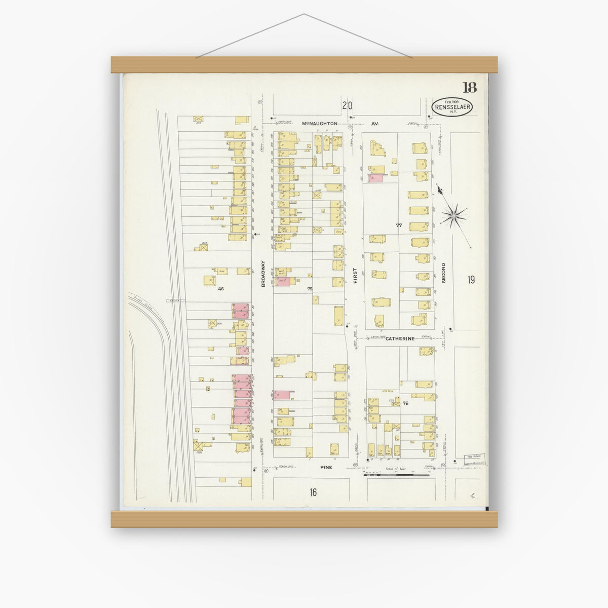 Old map wall art mockup — magnetic wood frame on white wall — Sanborn Fire Insurance Map from Rensselaer, Rensselaer County, New York (1909), Sheet #0018