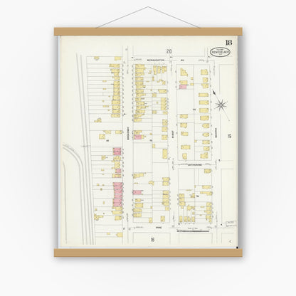 Old map wall art mockup — magnetic wood frame on white wall — Sanborn Fire Insurance Map from Rensselaer, Rensselaer County, New York (1909), Sheet #0018