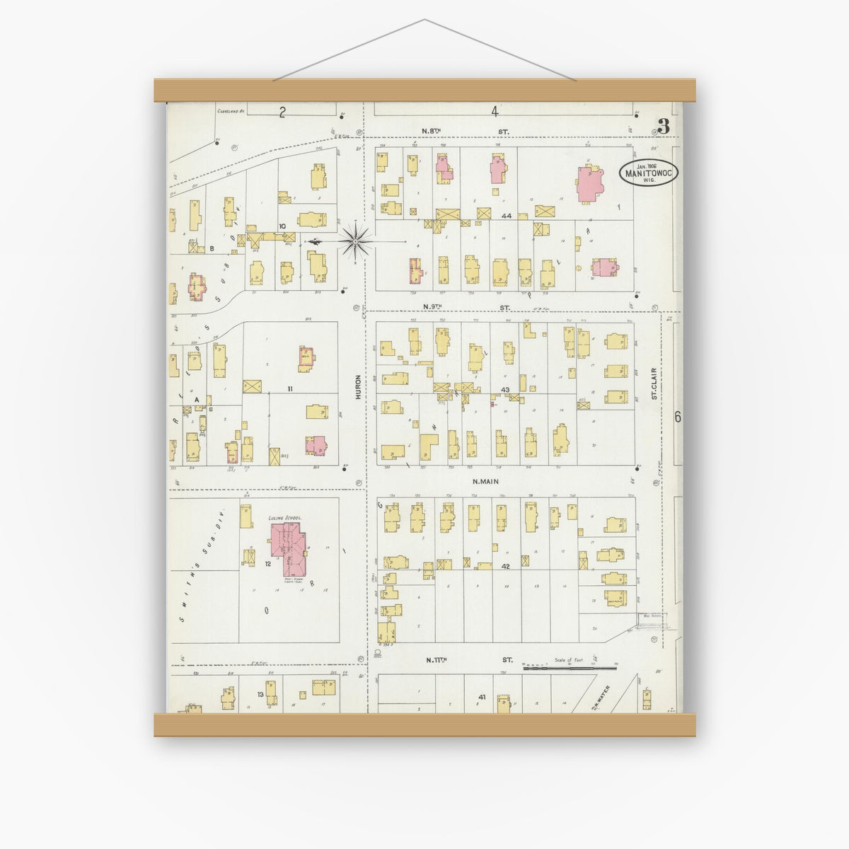 Old map wall art mockup — magnetic wood frame on white wall — Sanborn Fire Insurance Map from Manitowoc, Manitowoc County, Wisconsin (1906), Sheet #0003