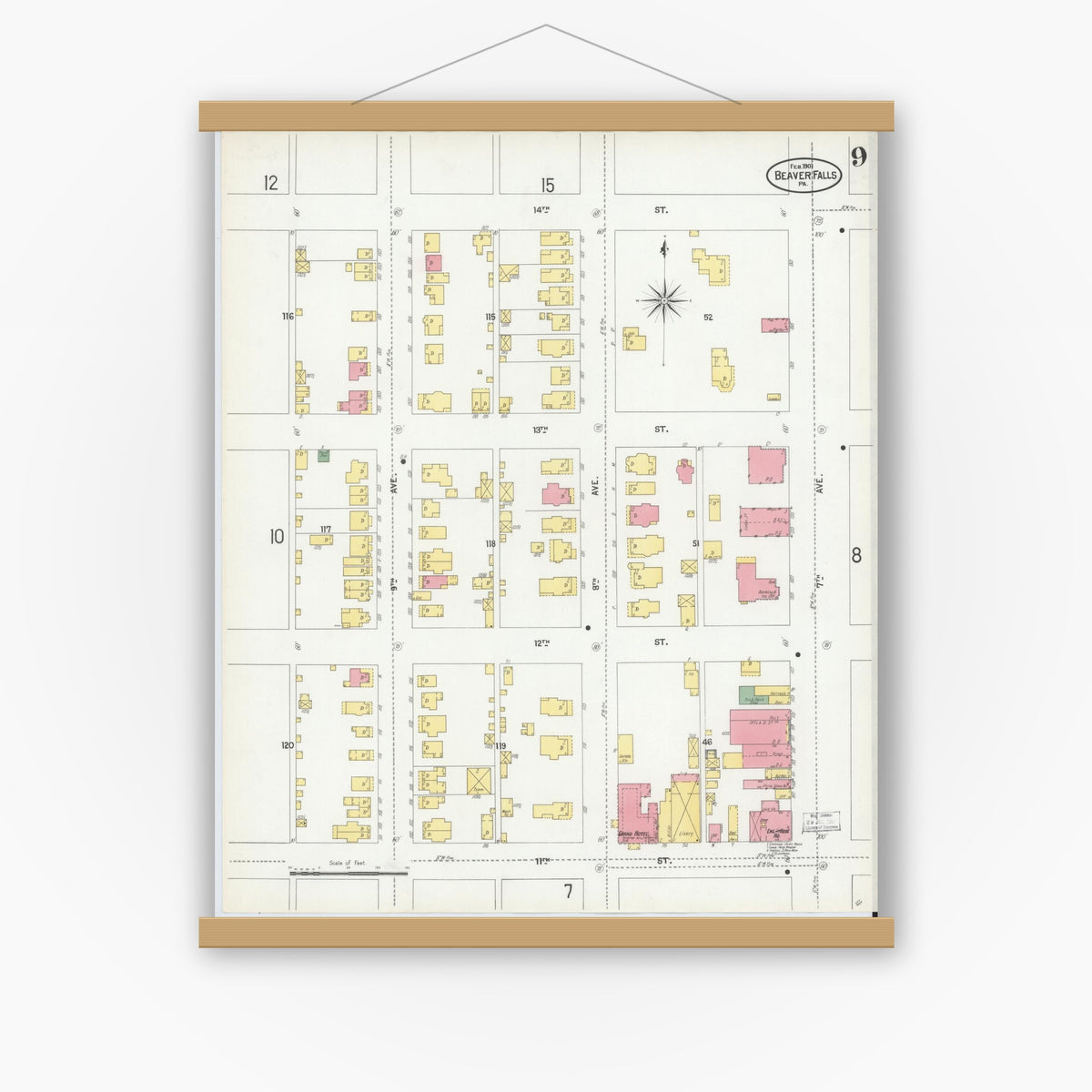 Old map wall art mockup — magnetic wood frame on white wall — Sanborn Fire Insurance Map from Beaver Falls, Beaver County, Pennsylvania (1901), Sheet #0009