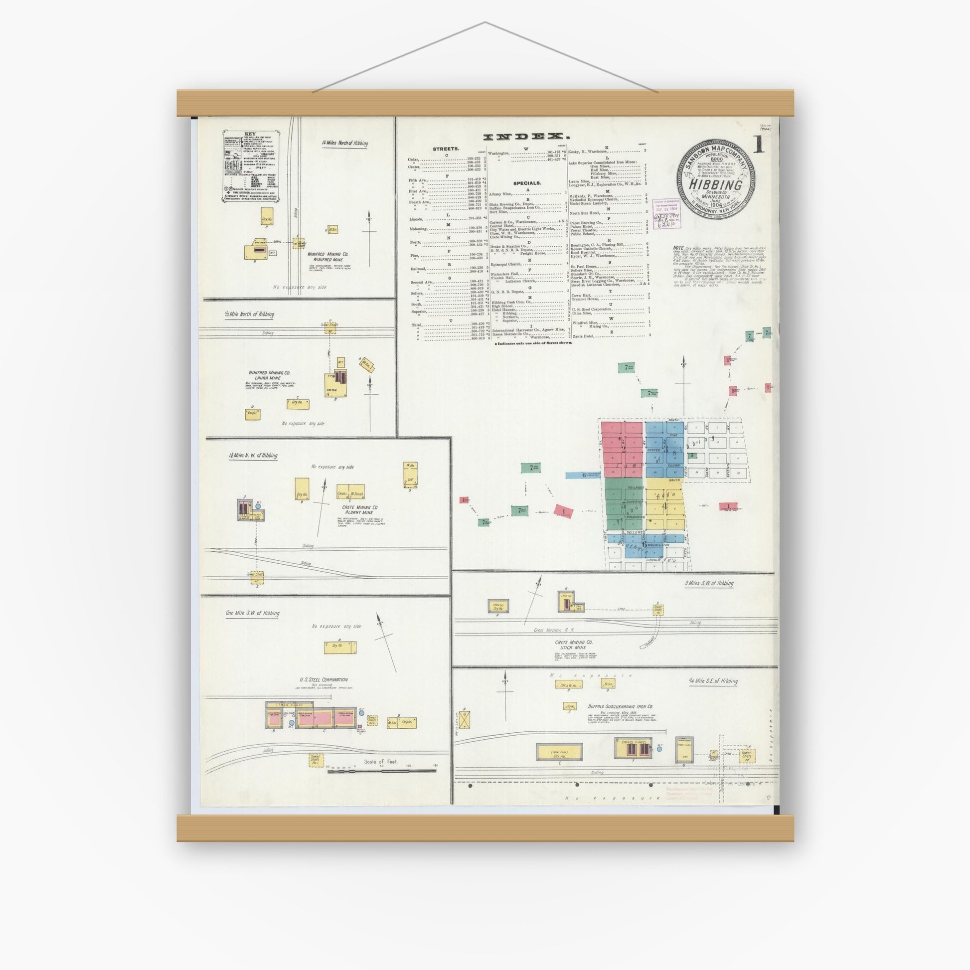 Old map wall art mockup — magnetic wood frame on white wall — Sanborn Fire Insurance Map from Hibbing, Saint Louis County, Minnesota (1904) - Complete Map Set