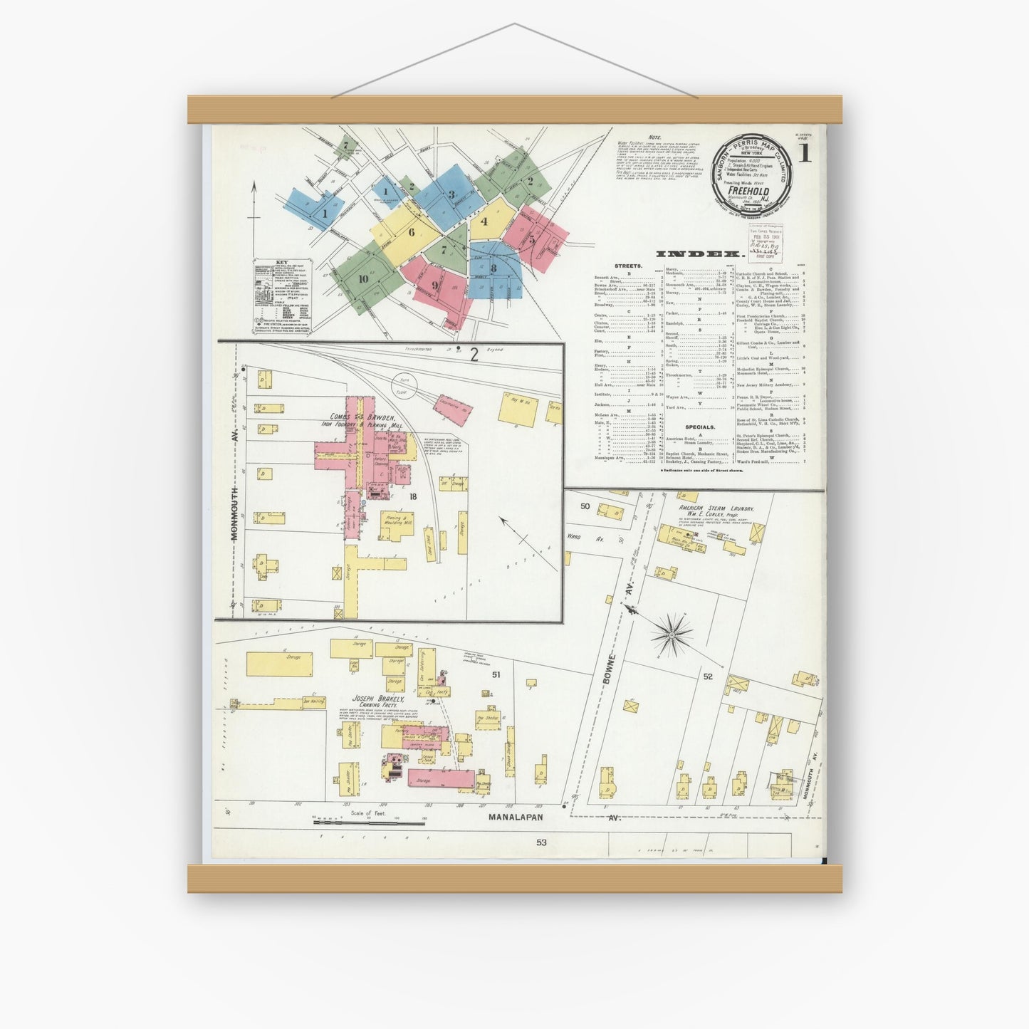 Old map wall art mockup — magnetic wood frame on white wall — Sanborn Fire Insurance Map from Freehold, Monmouth County, New Jersey (1901) - Complete Map Set