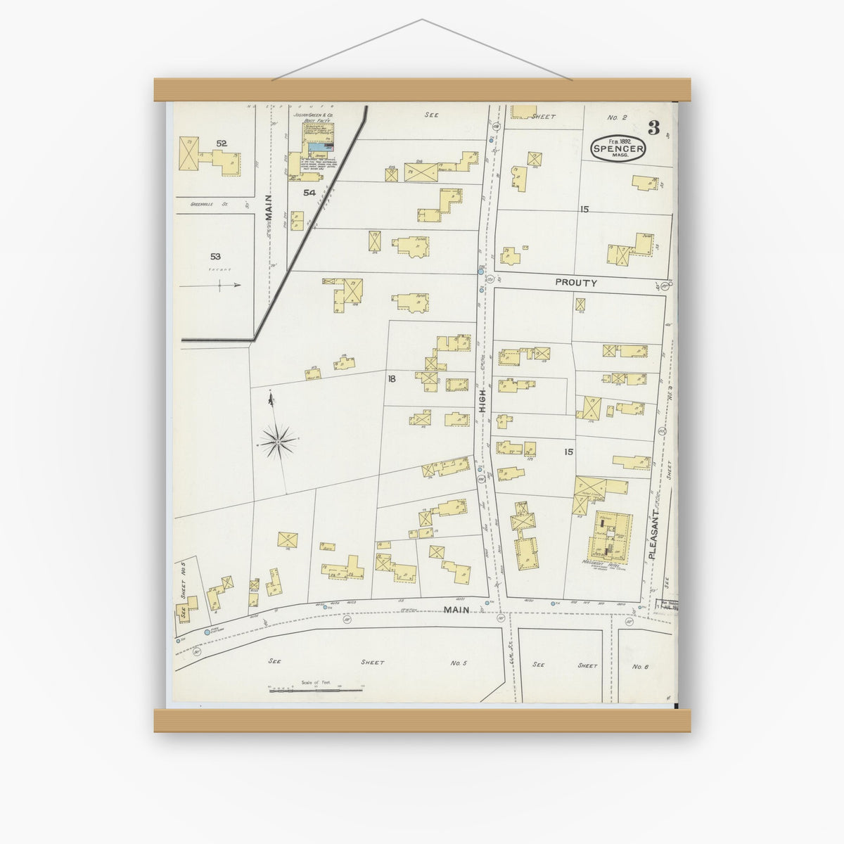 Old map wall art mockup — magnetic wood frame on white wall — Sanborn Fire Insurance Map from Spencer, Worcester County, Massachusetts (1892), Sheet #0003