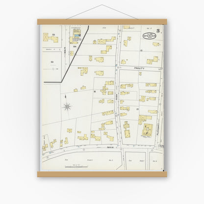 Old map wall art mockup — magnetic wood frame on white wall — Sanborn Fire Insurance Map from Spencer, Worcester County, Massachusetts (1892), Sheet #0003