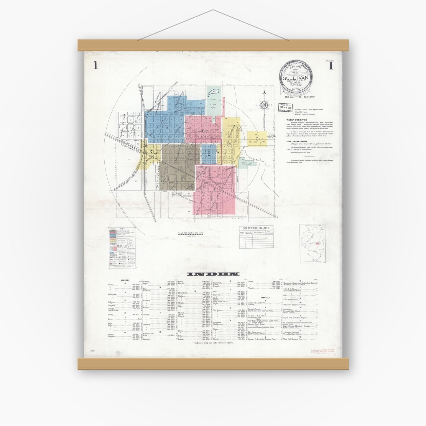 Old map wall art mockup — magnetic wood frame on white wall — Sanborn Fire Insurance Map from Sullivan, Moultrie County, Illinois (1932), Sheet #0001