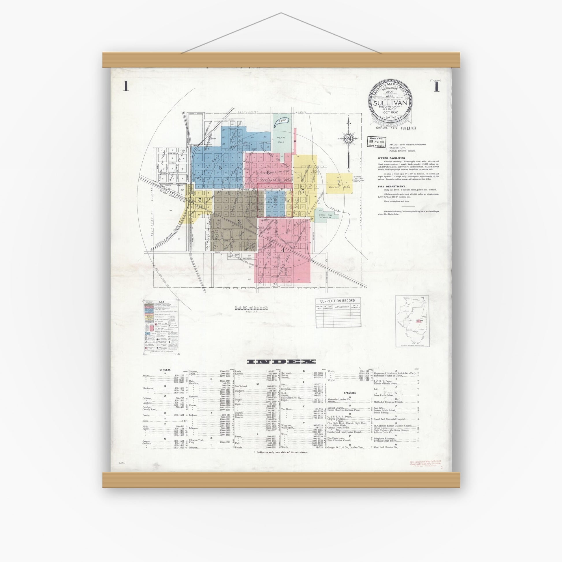 Old map wall art mockup — magnetic wood frame on white wall — Sanborn Fire Insurance Map from Sullivan, Moultrie County, Illinois (1932), Sheet #0001