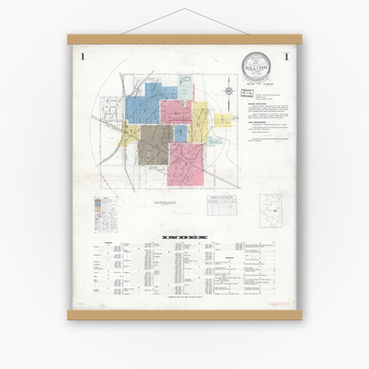 Old map wall art mockup — magnetic wood frame on white wall — Sanborn Fire Insurance Map from Sullivan, Moultrie County, Illinois (1932), Sheet #0001