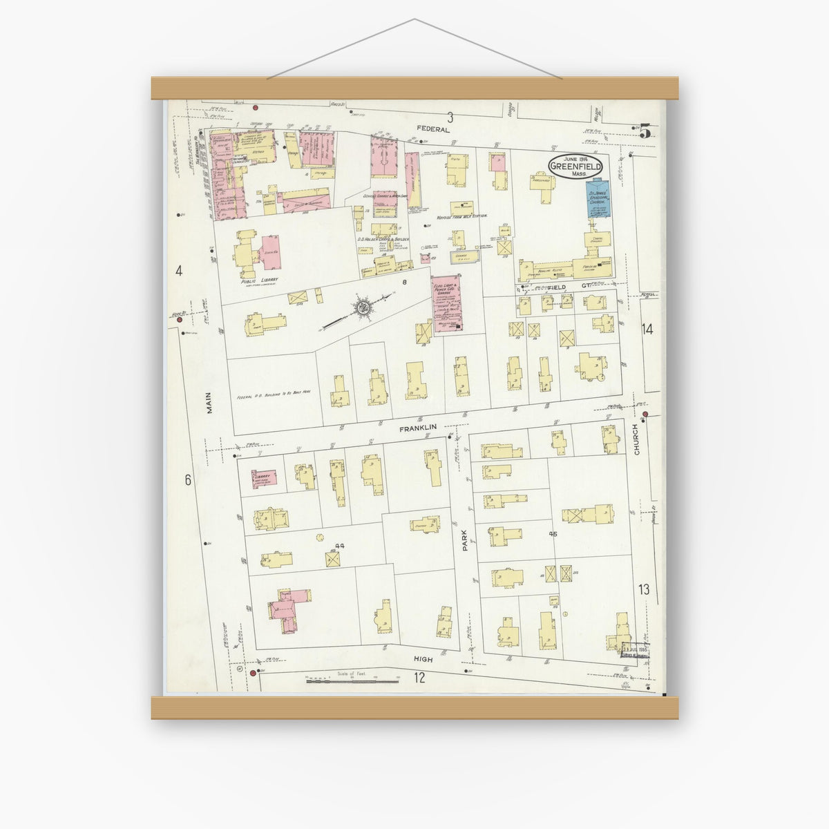 Old map wall art mockup — magnetic wood frame on white wall — Sanborn Fire Insurance Map from Greenfield, Franklin County, Massachusetts (1914), Sheet #0005