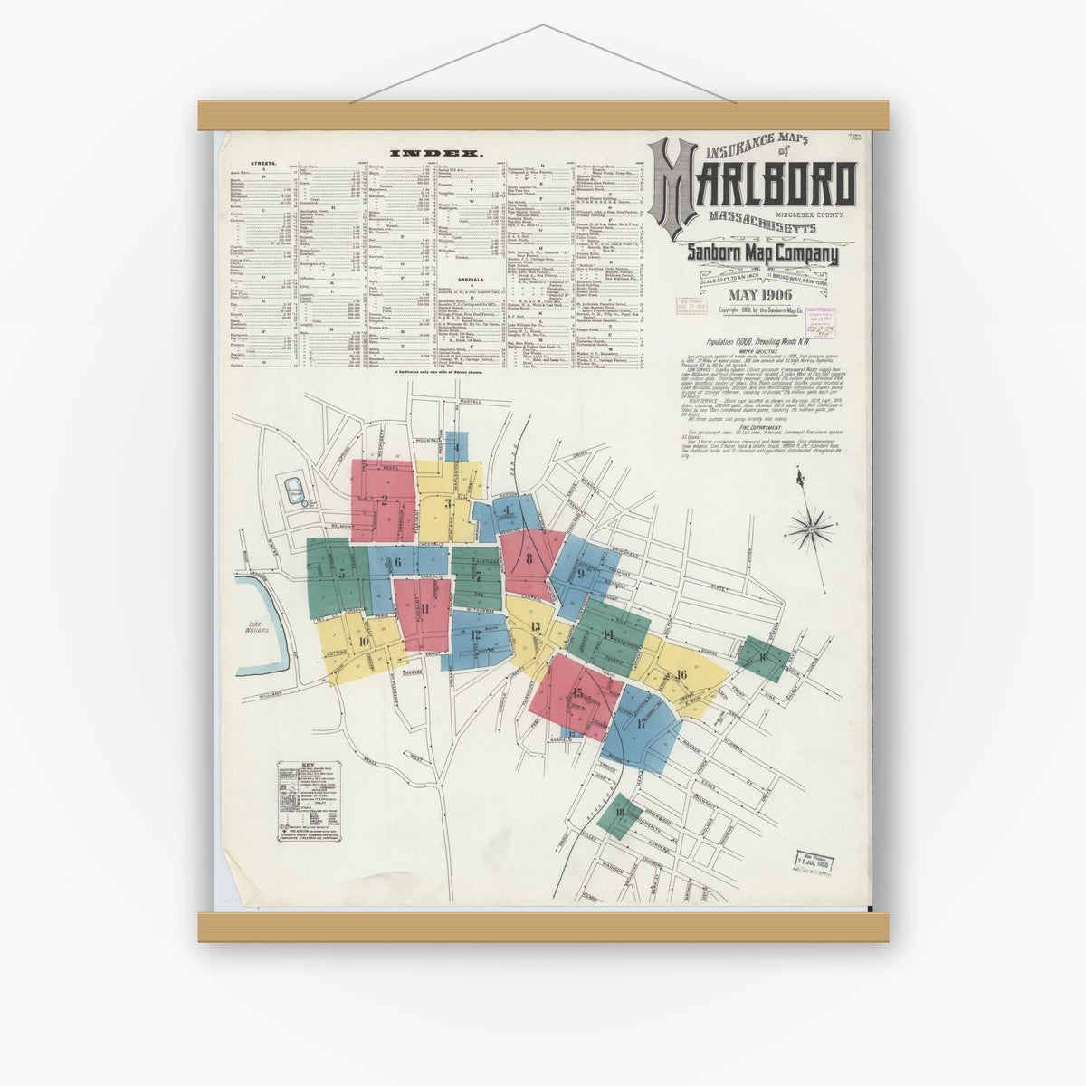 Old map wall art mockup — magnetic wood frame on white wall — Sanborn Fire Insurance Map from Marlborough, Middlesex County, Massachusetts (1906) - Complete Map Set