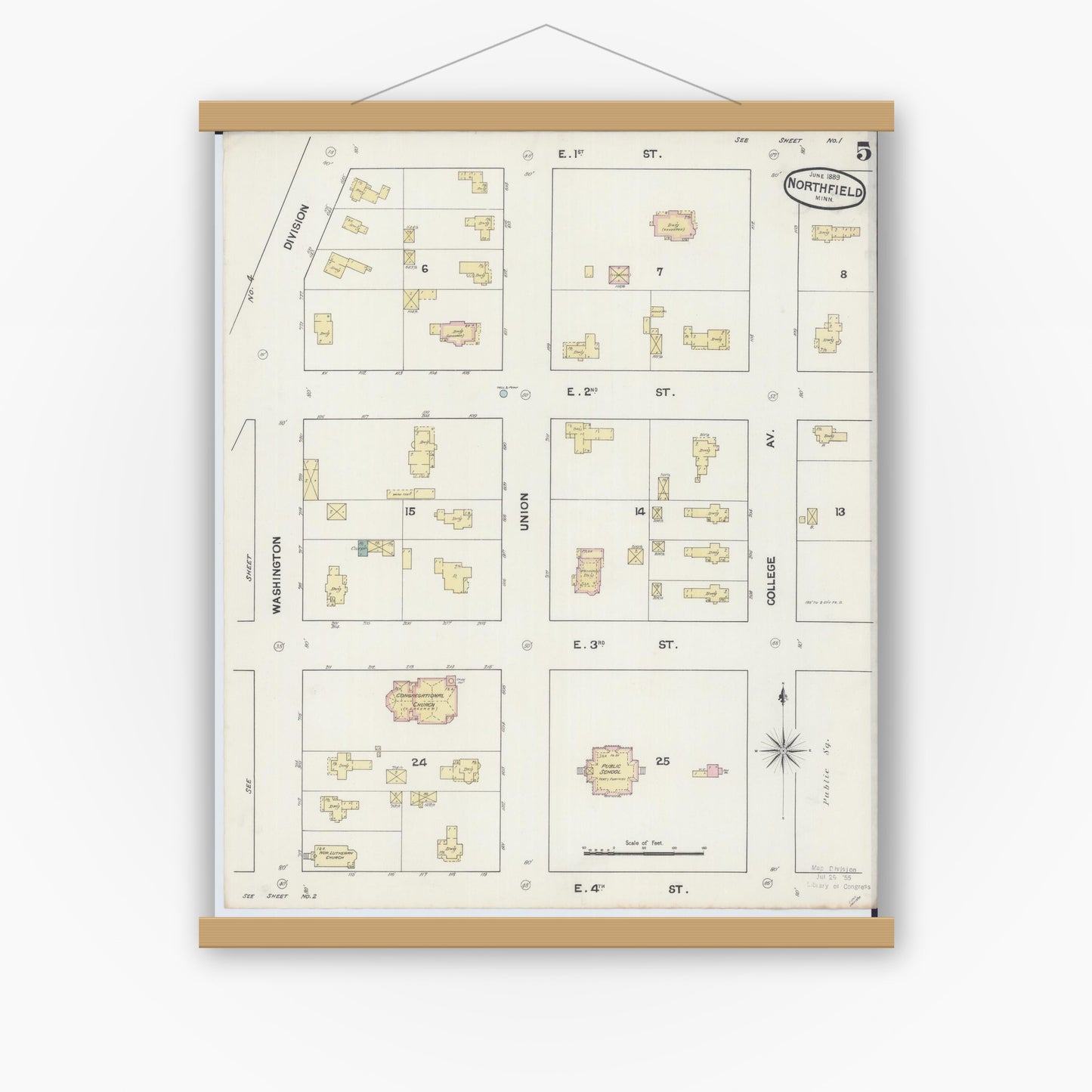 Old map wall art mockup — magnetic wood frame on white wall — Sanborn Fire Insurance Map from Northfield, Rice County, Minnesota (1889), Sheet #0005