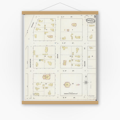 Old map wall art mockup — magnetic wood frame on white wall — Sanborn Fire Insurance Map from Northfield, Rice County, Minnesota (1889), Sheet #0005