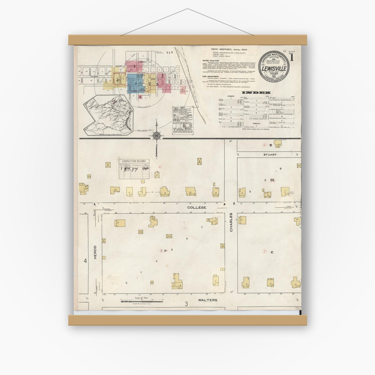 Old map wall art mockup — magnetic wood frame on white wall — Sanborn Fire Insurance Map from Lewisville, Denton County, Texas (1934) - Complete Map Set