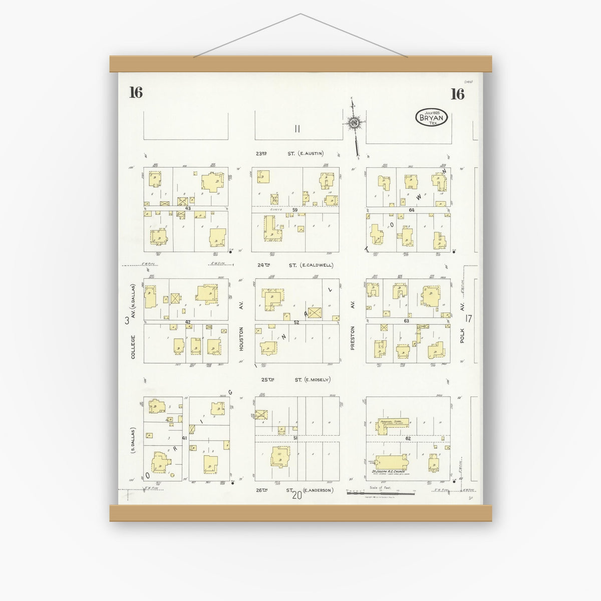 Old map wall art mockup — magnetic wood frame on white wall — Sanborn Fire Insurance Map from Bryan, Brazos County, Texas (1925), Sheet #0016