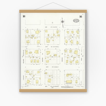 Old map wall art mockup — magnetic wood frame on white wall — Sanborn Fire Insurance Map from Bryan, Brazos County, Texas (1925), Sheet #0016