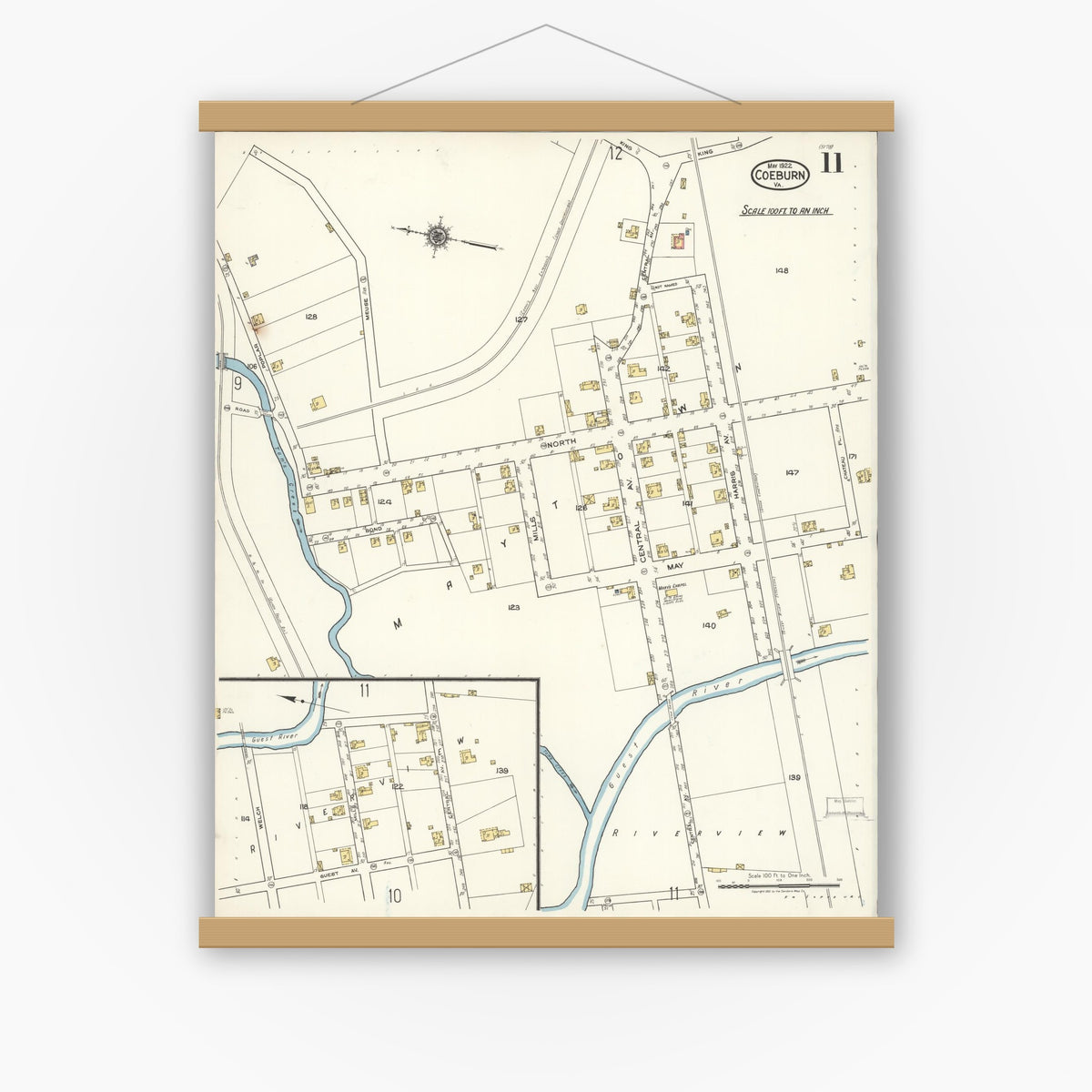 Old map wall art mockup — magnetic wood frame on white wall — Sanborn Fire Insurance Map from Coeburn, Wise County, Virginia (1922), Sheet #0011