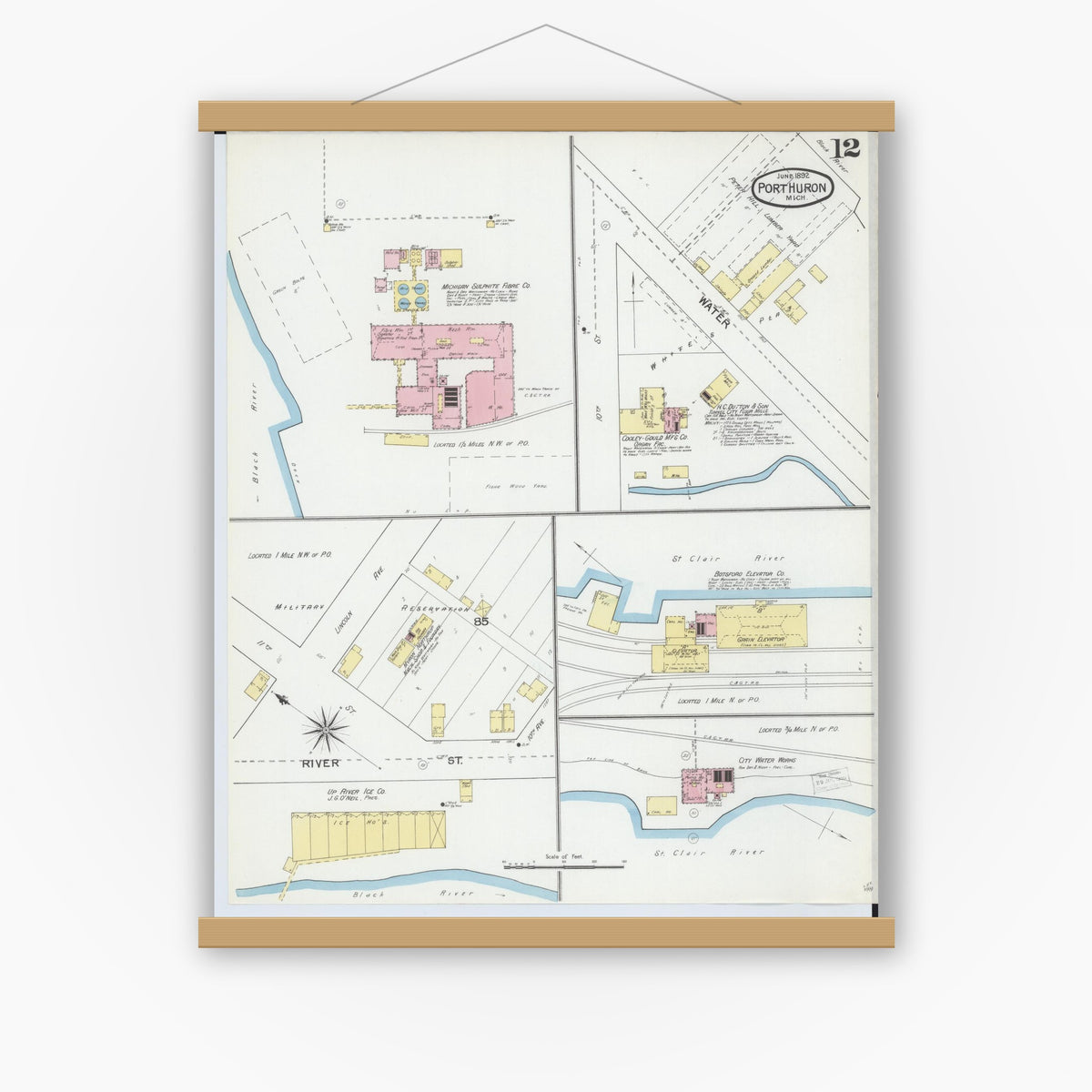 Old map wall art mockup — magnetic wood frame on white wall — Sanborn Fire Insurance Map from Port Huron, Saint Clair County, Michigan (1892), Sheet #0012