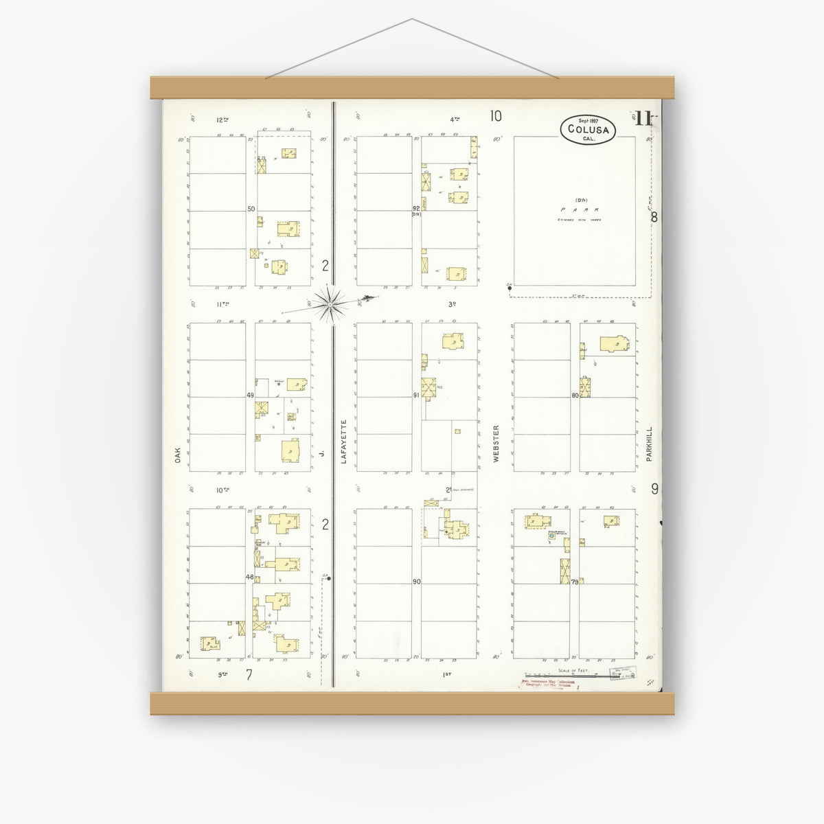 Old map wall art mockup — magnetic wood frame on white wall — Sanborn Fire Insurance Map from Colusa, Colusa County, California (1897), Sheet #0011