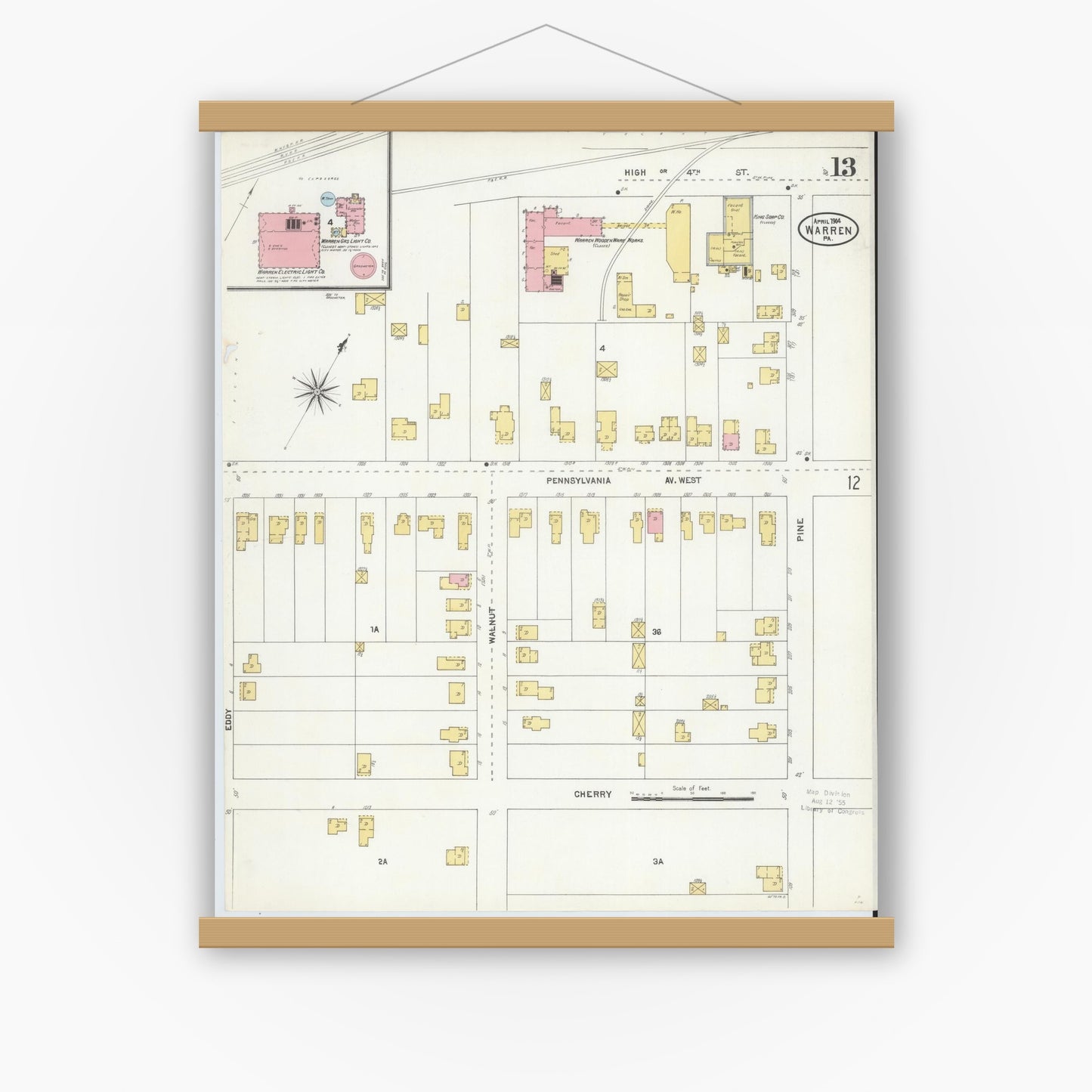 Old map wall art mockup — magnetic wood frame on white wall — Sanborn Fire Insurance Map from Warren, Warren County, Pennsylvania (1904), Sheet #0013