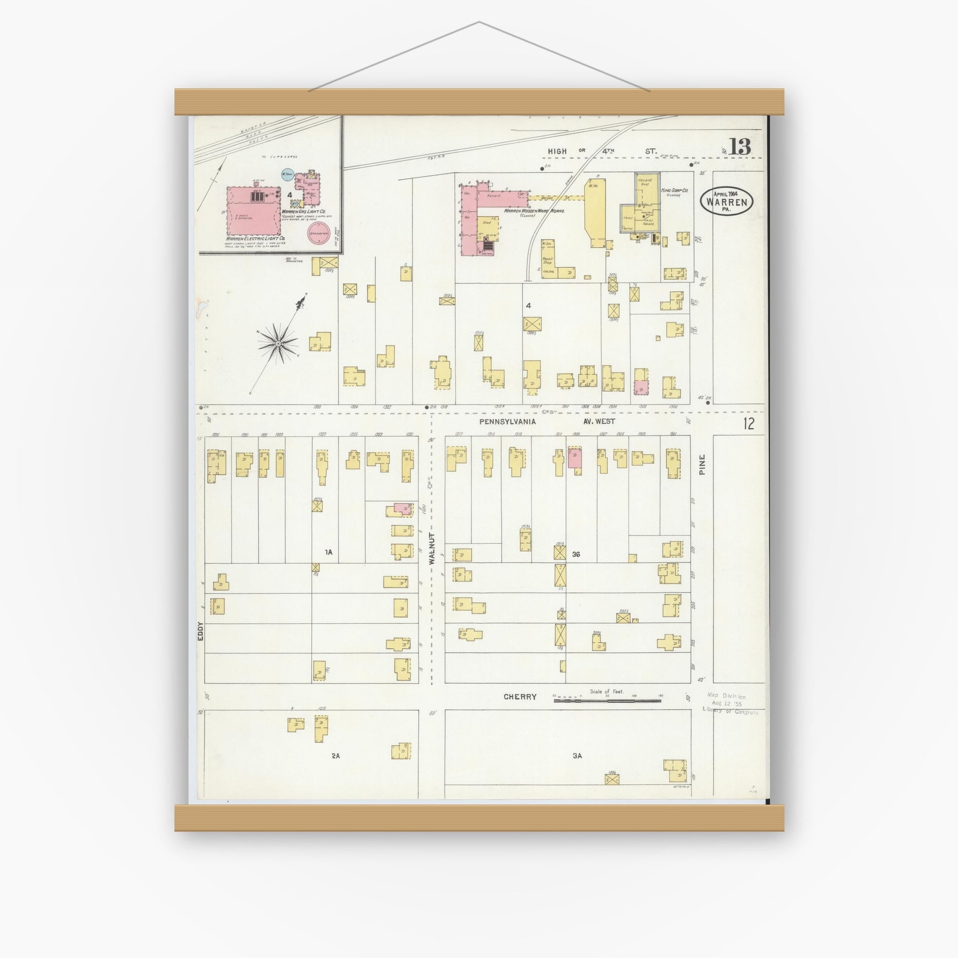 Old map wall art mockup — magnetic wood frame on white wall — Sanborn Fire Insurance Map from Warren, Warren County, Pennsylvania (1904), Sheet #0013