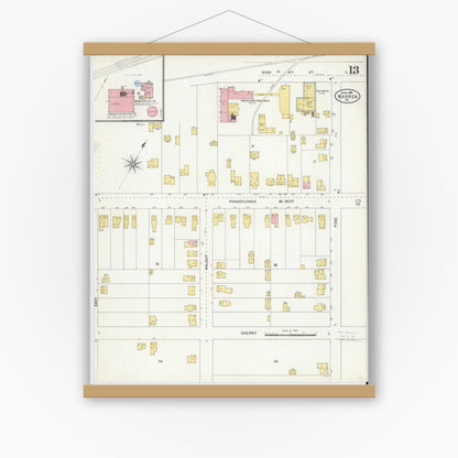 Old map wall art mockup — magnetic wood frame on white wall — Sanborn Fire Insurance Map from Warren, Warren County, Pennsylvania (1904), Sheet #0013