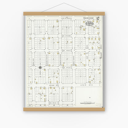 Old map wall art mockup — magnetic wood frame on white wall — Sanborn Fire Insurance Map from Plainview, Hale County, Texas (1921), Sheet #0017