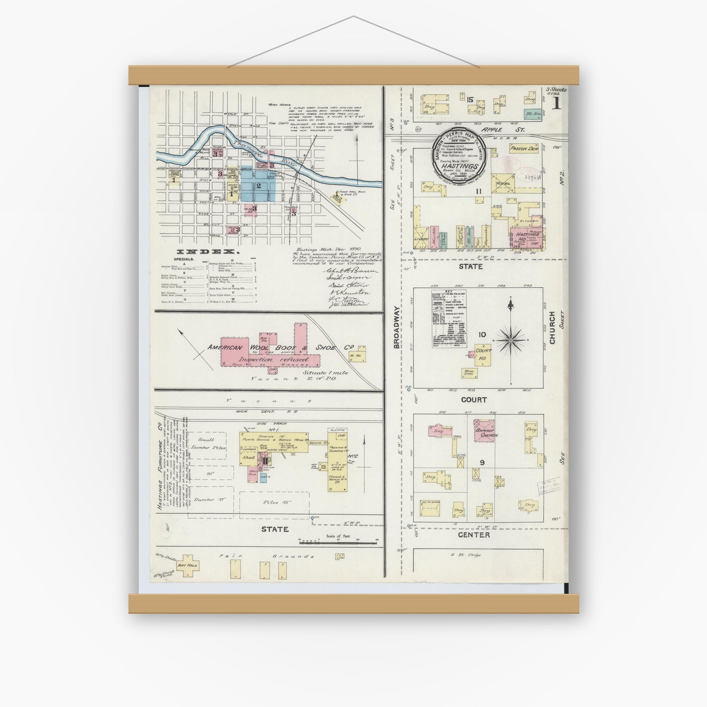 Old map wall art mockup — magnetic wood frame on white wall — Sanborn Fire Insurance Map from Hastings, Barry County, Michigan (1891), Sheet #0001