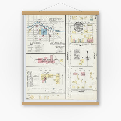 Old map wall art mockup — magnetic wood frame on white wall — Sanborn Fire Insurance Map from Hastings, Barry County, Michigan (1891), Sheet #0001
