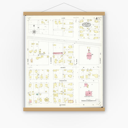 Old map wall art mockup — magnetic wood frame on white wall — Sanborn Fire Insurance Map from Fairfield, Jefferson County, Iowa (1907), Sheet #0004