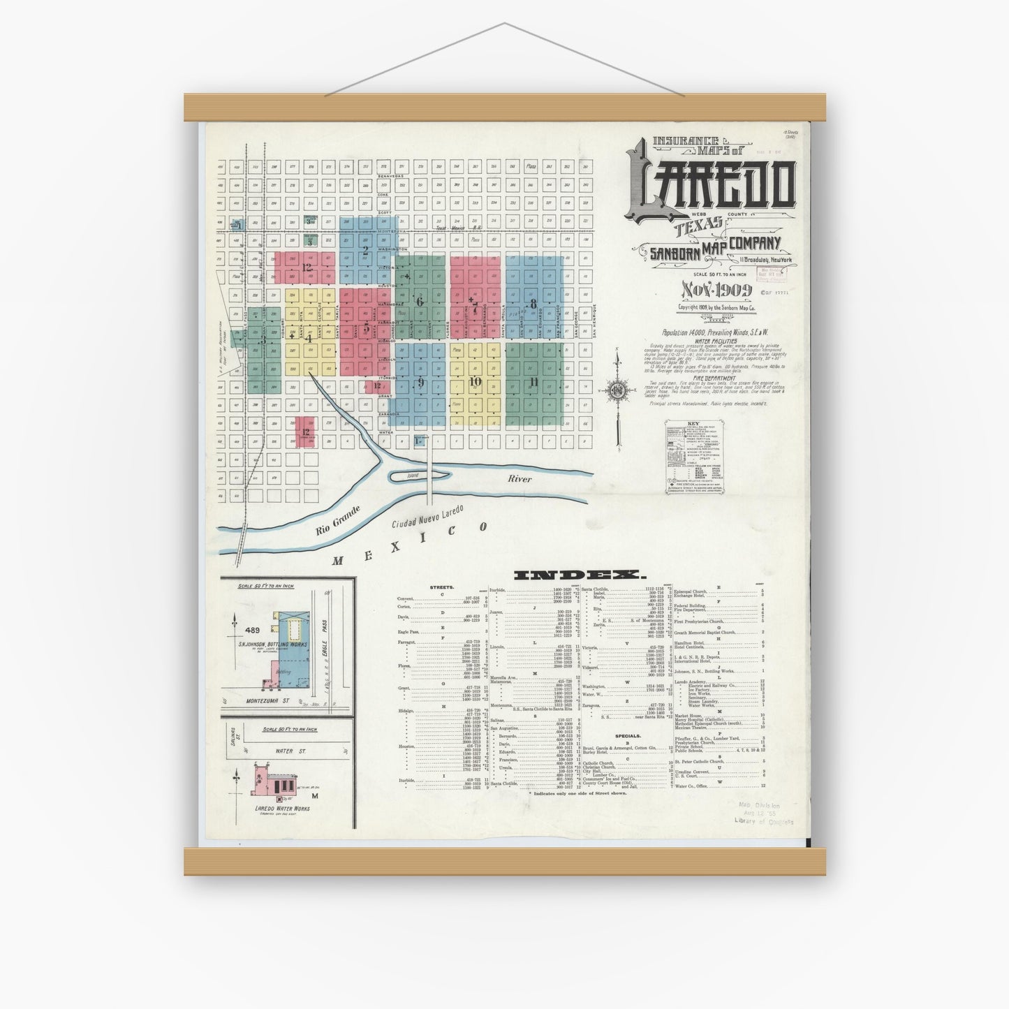 Old map wall art mockup — magnetic wood frame on white wall — Sanborn Fire Insurance Map from Laredo, Webb County, Texas (1909), Sheet #0001