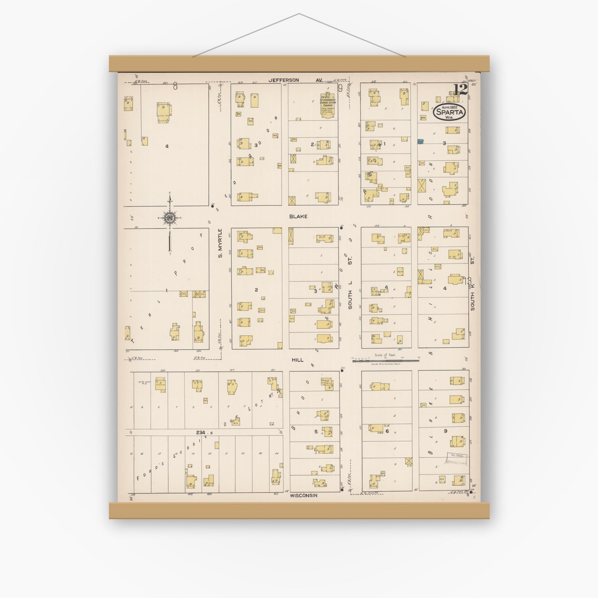 Old map wall art mockup — magnetic wood frame on white wall — Sanborn Fire Insurance Map from Sparta, Monroe County, Wisconsin (1922), Sheet #0012