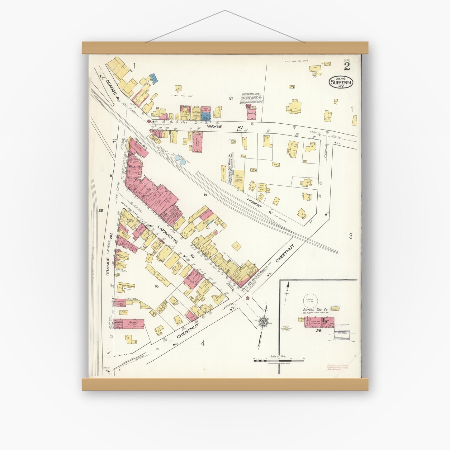 Old map wall art mockup — magnetic wood frame on white wall — Sanborn Fire Insurance Map from Suffern, Rockland County, New York (1921), Sheet #0002