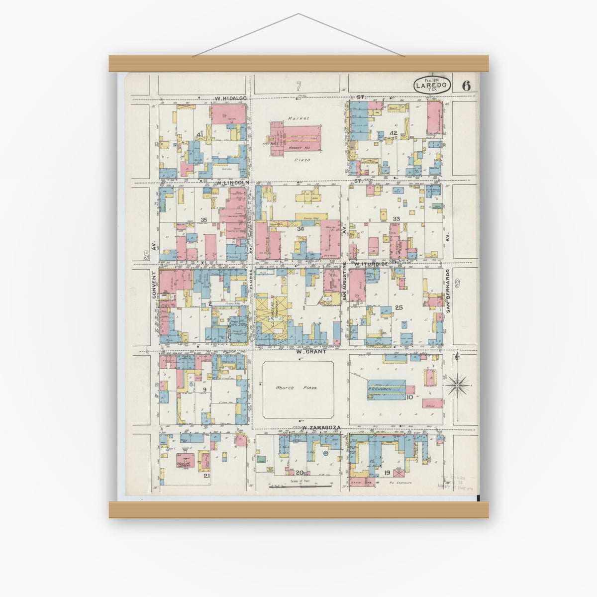 Old map wall art mockup — magnetic wood frame on white wall — Sanborn Fire Insurance Map from Laredo, Webb County, Texas (1894), Sheet #0006