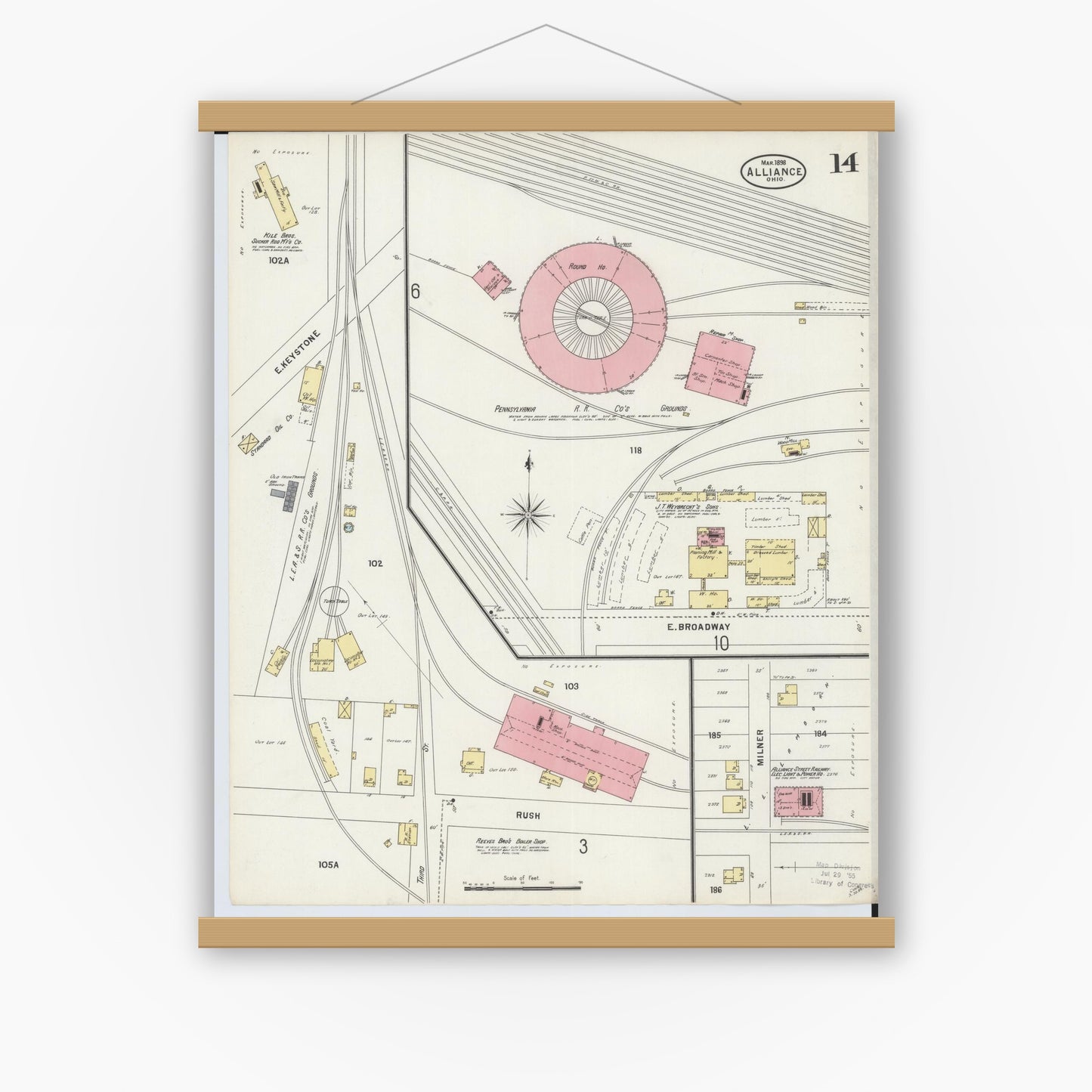 Old map wall art mockup — magnetic wood frame on white wall — Sanborn Fire Insurance Map from Alliance, Stark County, Ohio (1898), Sheet #0014