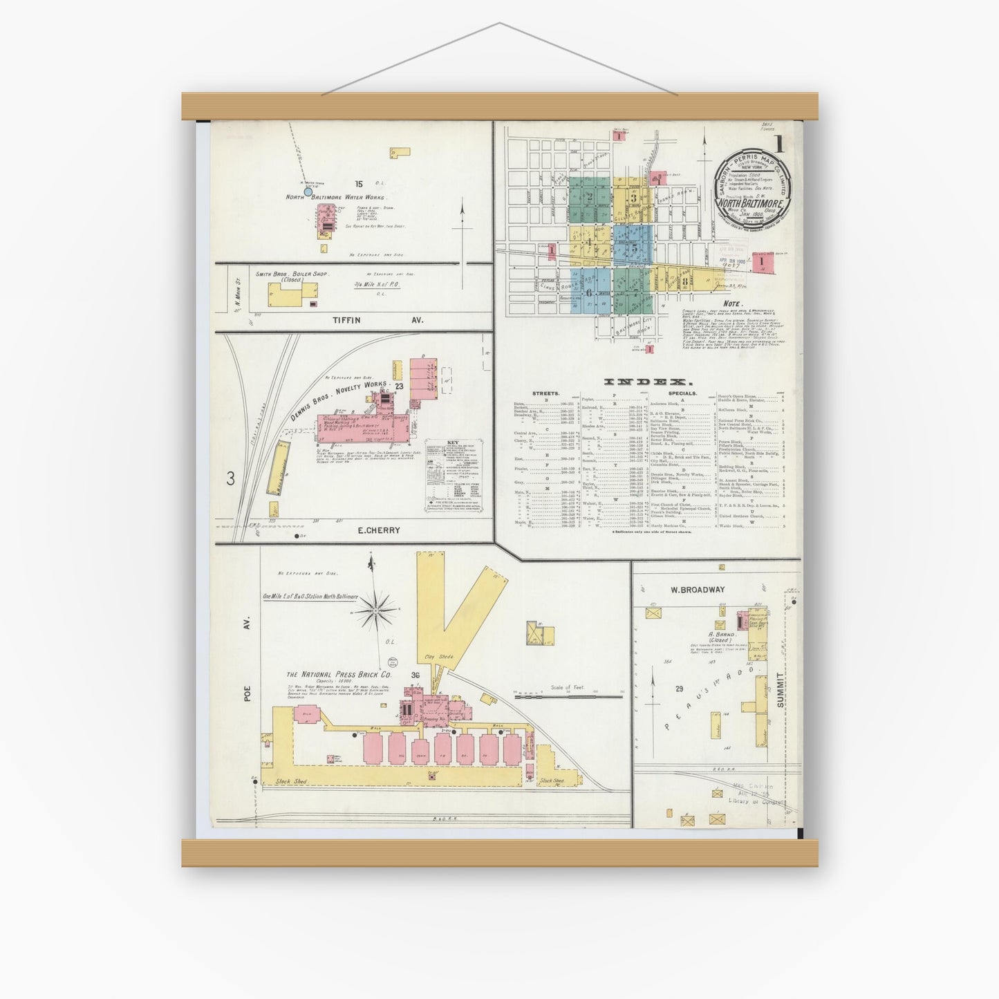 Old map wall art mockup — magnetic wood frame on white wall — Sanborn Fire Insurance Map from North Baltimore, Wood County, Ohio (1900), Sheet #0001