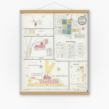 Old map wall art mockup — magnetic wood frame on white wall — Sanborn Fire Insurance Map from North Baltimore, Wood County, Ohio (1900), Sheet #0001