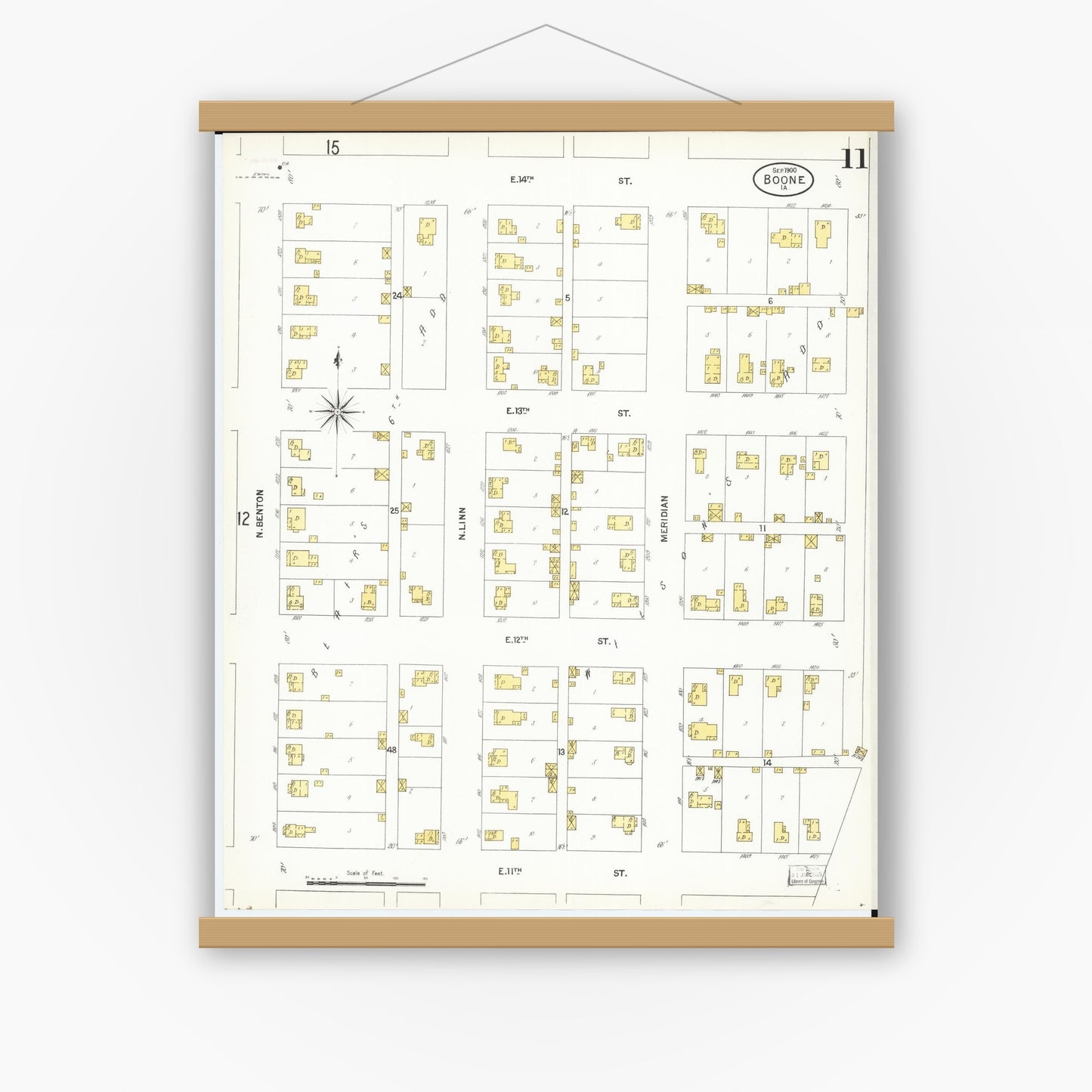 Old map wall art mockup — magnetic wood frame on white wall — Sanborn Fire Insurance Map from Boone, Boone County, Iowa (1900), Sheet #0011