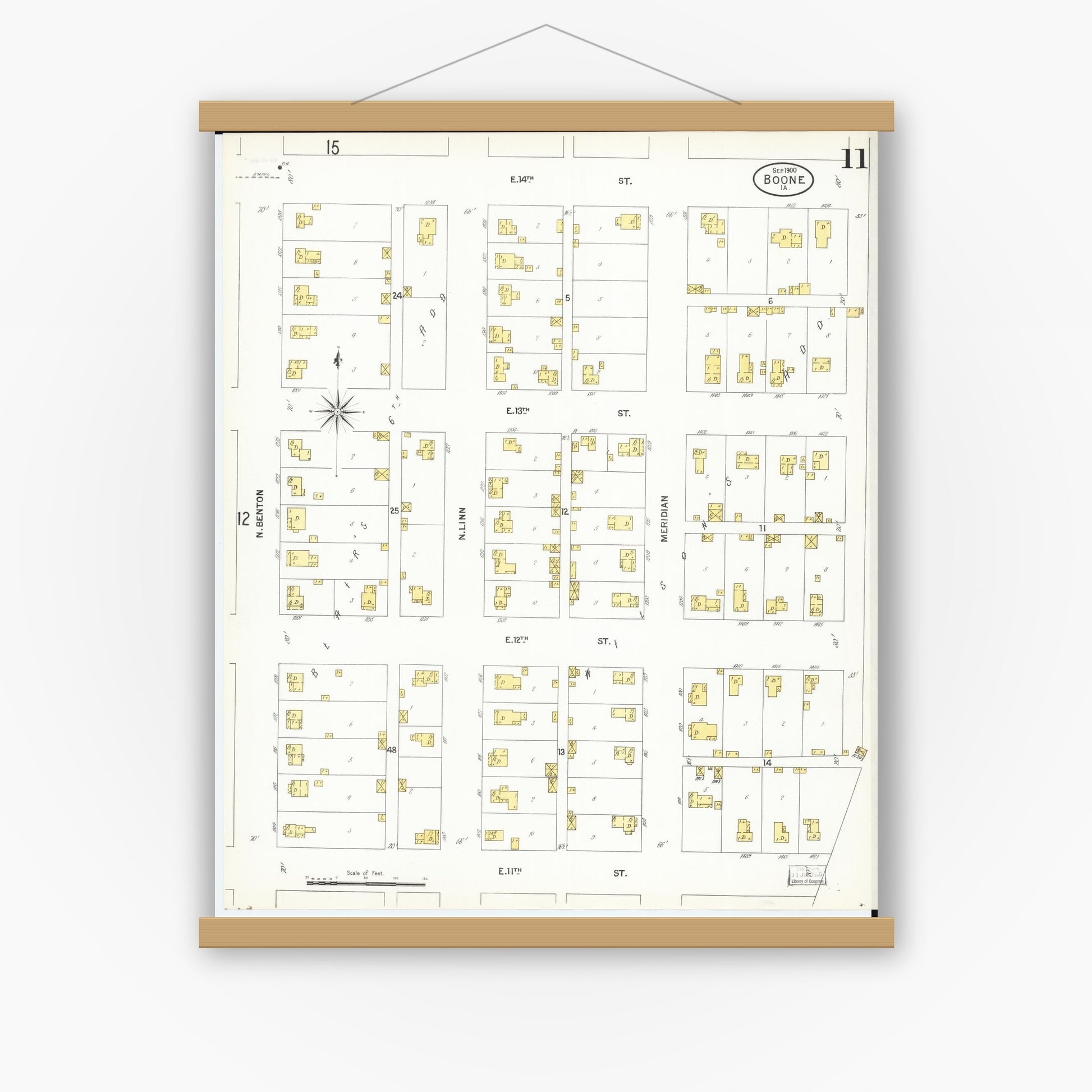 Old map wall art mockup — magnetic wood frame on white wall — Sanborn Fire Insurance Map from Boone, Boone County, Iowa (1900), Sheet #0011