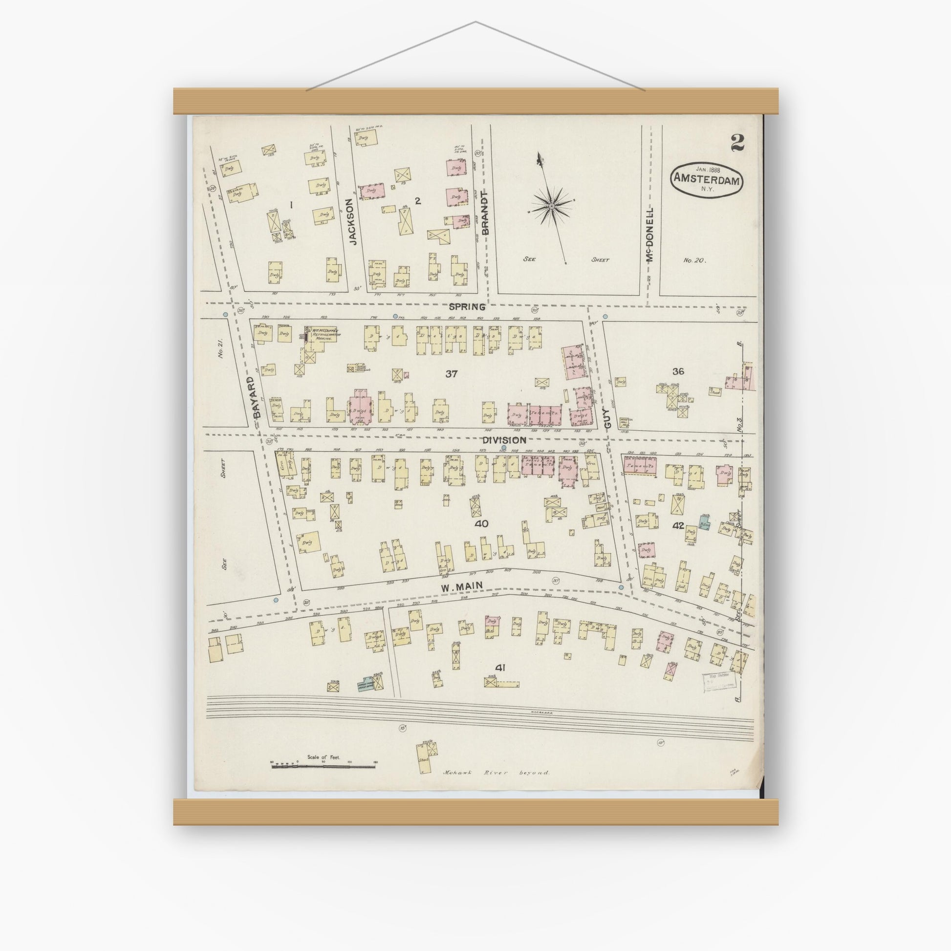 Old map wall art mockup — magnetic wood frame on white wall — Sanborn Fire Insurance Map from Amsterdam, Montgomery County, New York (1888) - Complete Map Set