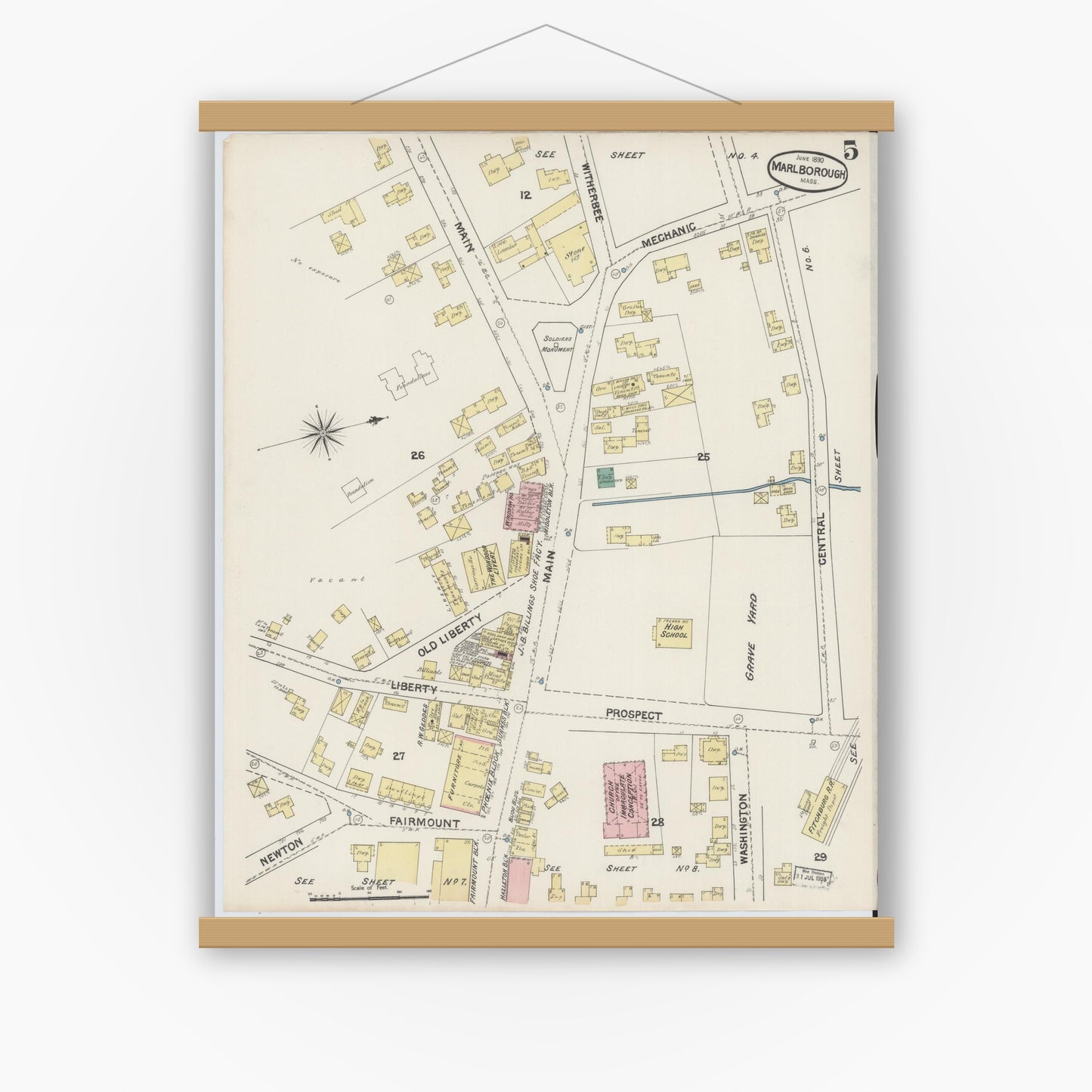 Old map wall art mockup — magnetic wood frame on white wall — Sanborn Fire Insurance Map from Marlborough, Middlesex County, Massachusetts (1890), Sheet #0005