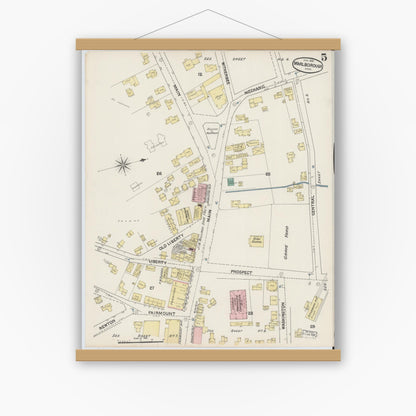 Old map wall art mockup — magnetic wood frame on white wall — Sanborn Fire Insurance Map from Marlborough, Middlesex County, Massachusetts (1890), Sheet #0005