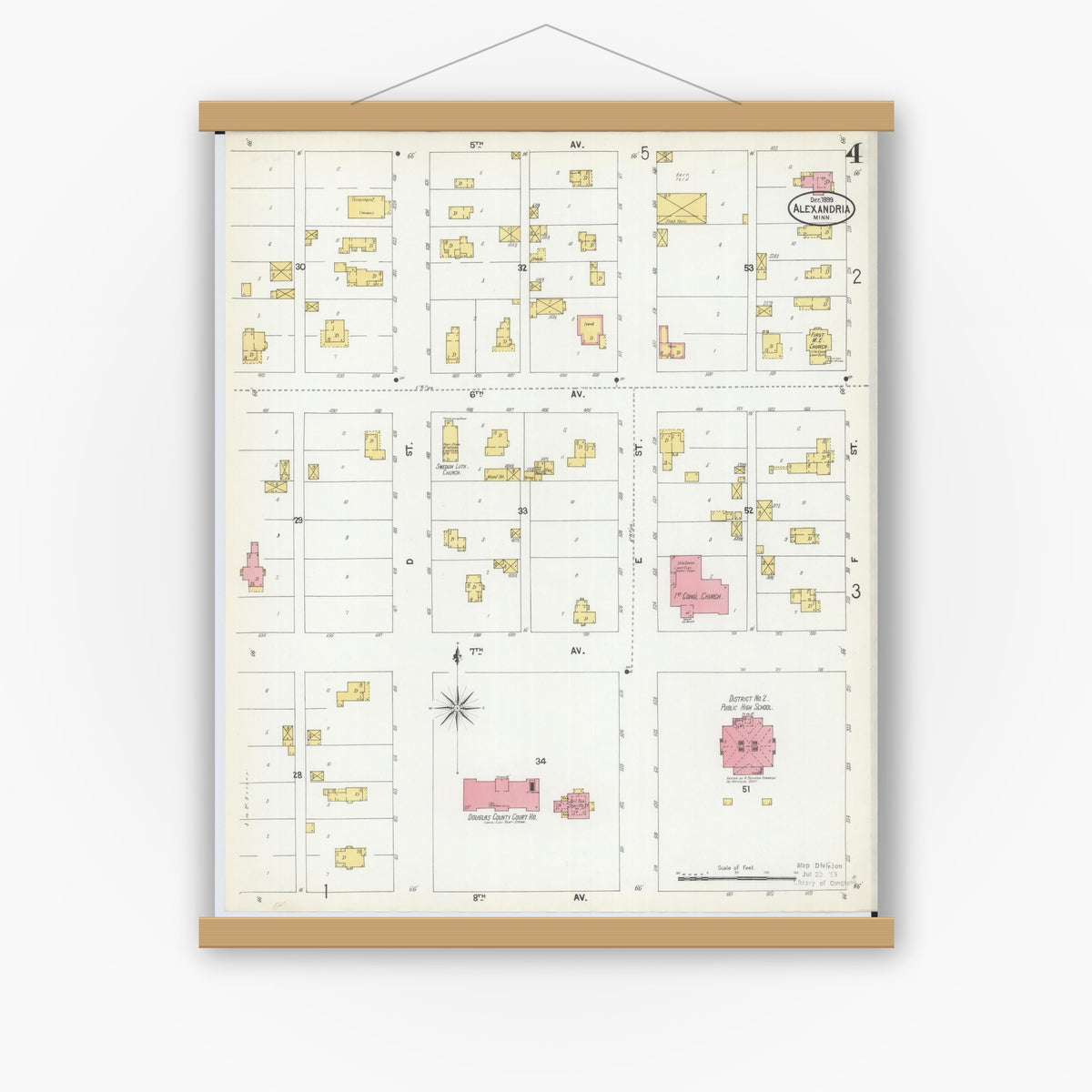 Old map wall art mockup — magnetic wood frame on white wall — Sanborn Fire Insurance Map from Alexandria, Douglas County, Minnesota (1899), Sheet #0004