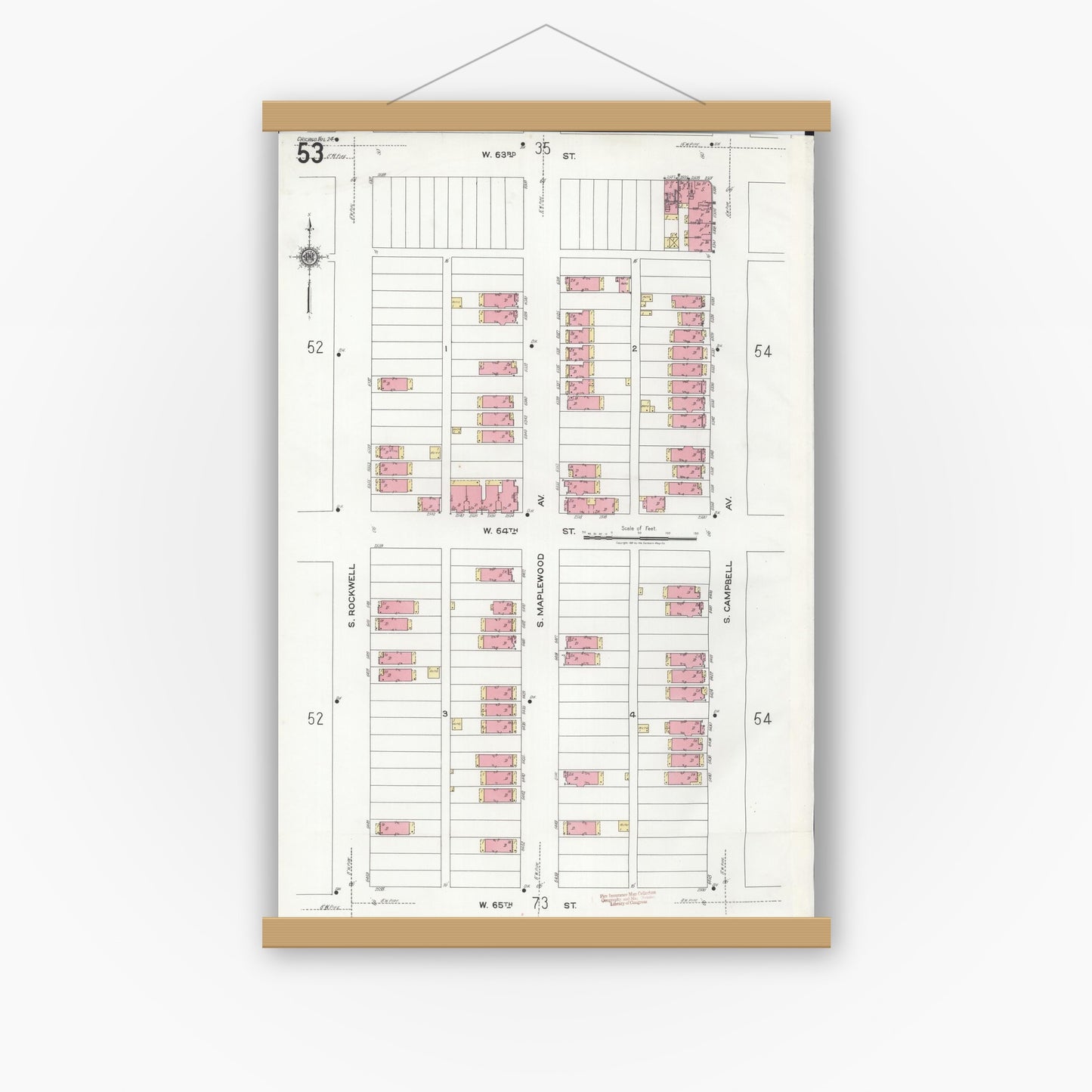 Old map wall art mockup — magnetic wood frame on white wall — Sanborn Fire Insurance Map from Chicago, Cook County, Illinois (1920), Sheet #0053
