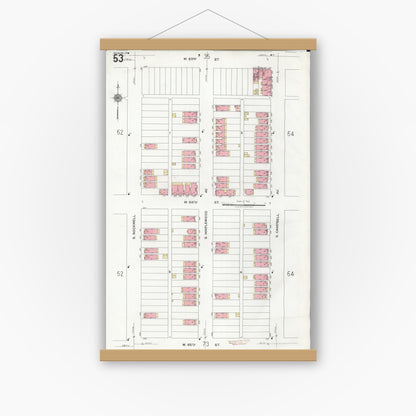Old map wall art mockup — magnetic wood frame on white wall — Sanborn Fire Insurance Map from Chicago, Cook County, Illinois (1920), Sheet #0053