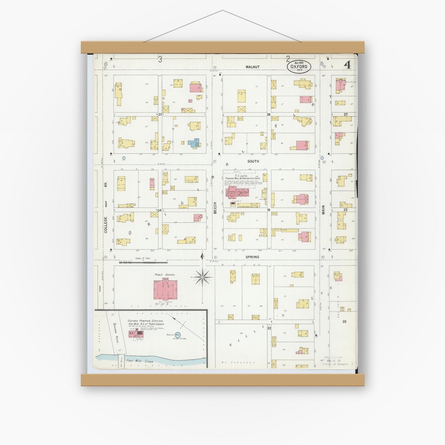 Old map wall art mockup — magnetic wood frame on white wall — Sanborn Fire Insurance Map from Oxford, Butler County, Ohio (1899), Sheet #0004