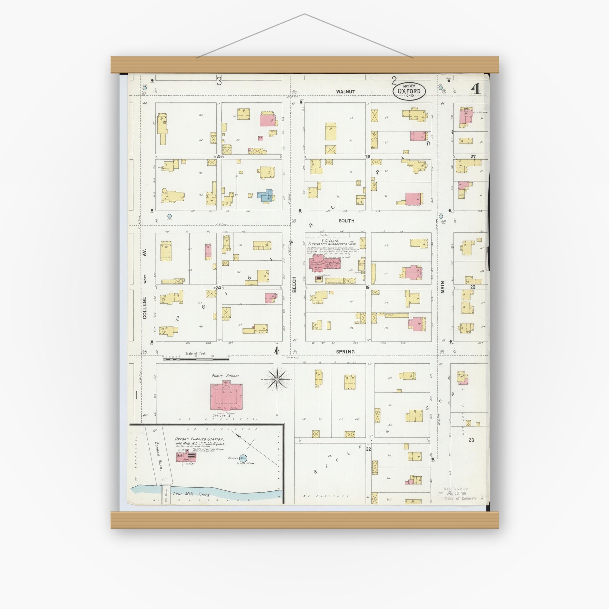 Old map wall art mockup — magnetic wood frame on white wall — Sanborn Fire Insurance Map from Oxford, Butler County, Ohio (1899), Sheet #0004